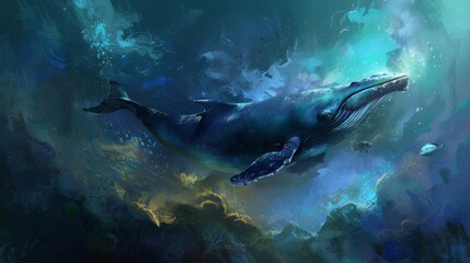 Fototapeta premium Mystical blue whale swims in the cosmic ocean of stardust and shining nebulae.