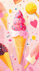Fashion ice cream geometric pattern background, summer advertising template. Generative AI