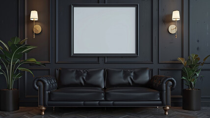 empty picture frame hanging on the wall with black leather sofa black leather sofa