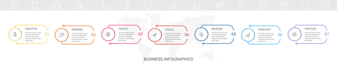 Vector line infographics with seven circles. Business concept graphic process template with 7 steps. Graphic timeline for app, website, interface, chart, levels, web, diagram, banner, presentations