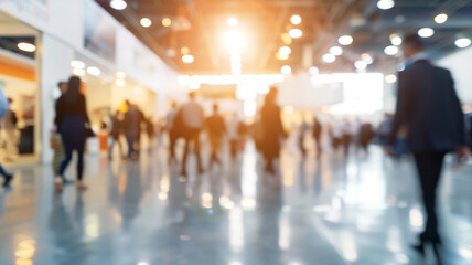 A blurred background of business people walking around at an exhibition hall