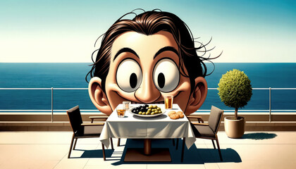 A playful scene with a cartoonish, wide-eyed face looming over a table set with olives, drinks, and bread on a sunny balcony by the sea, evoking a sense of fun and whimsy.