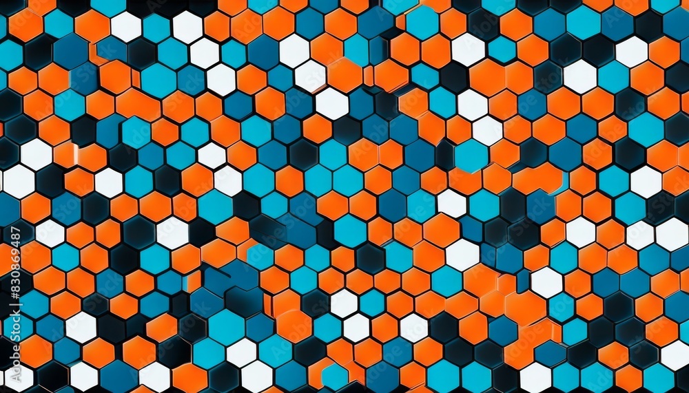 Poster a bold, geometric pattern featuring orange and black hexagons in a seamless design, ideal for backgr
