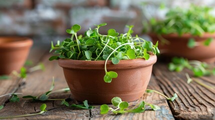 Nutrient rich microgreen arugula scattered on a wooden table in a clay cup emphasizing healthy eating and snacks