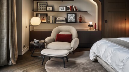 minimalist reading nook adorned with a stylish armchair, a sleek modern lamp, and a wall-mounted shelf, a selection of books, inviting you to escape into the world of literature with comfort or style.