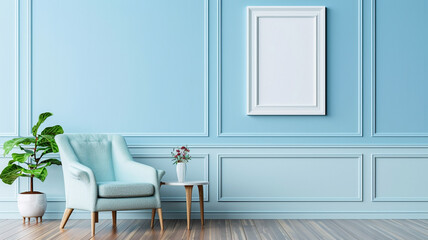 A white vertical picture frame on the wall of an elegant living room
