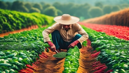 Fototapeta premium A male farmer in a straw hat harvests fresh greens from vibrant, color-divided fields, emphasizing sustainable practices.. AI Generation