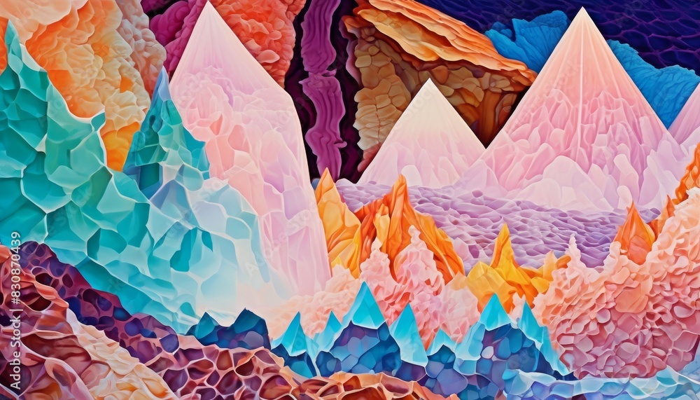 Poster this vibrant digital artwork features a range of stylized mountains with a layered texture, using a 