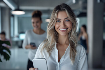 Obraz premium Beautiful business girl in a suit smiles. Against the background of the office