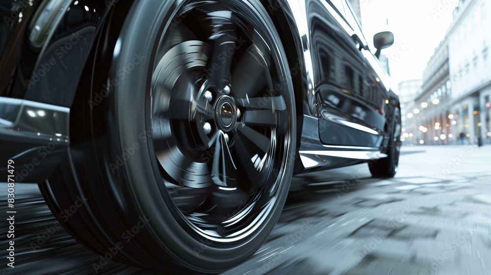 Wall mural close up wheel of car on road with city background