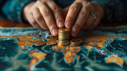 hand and coin on map, investment concept