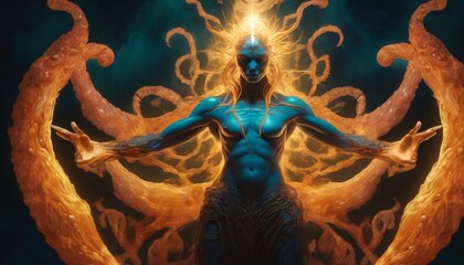 An intense portrayal of a mythical octopus god with a radiant crown and fiery tentacles, set against a dark, mystical backdrop.. AI Generation