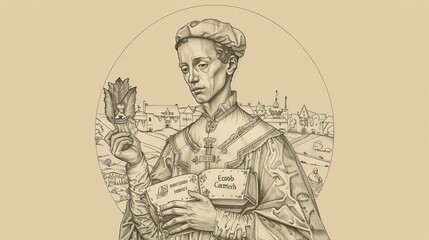 St. Edmund Campion Holding Martyr's Palm and Book in Elizabethan England, Biblical Illustration, Beige Background, Copyspace