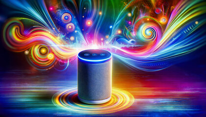 A smart speaker emits vibrant, colorful sound waves in a dark room, creating a dynamic visual representation of music and sound with swirling patterns and lights.