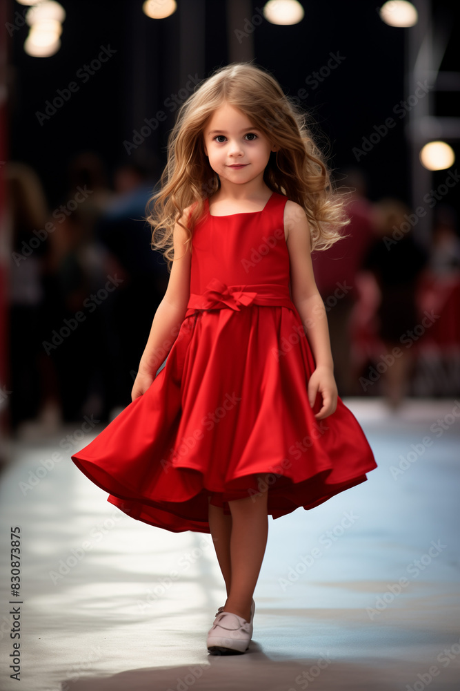 Wall mural a little beautiful girl walks down the runway and smiles