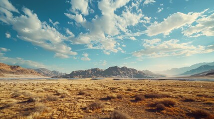 A desert landscape with a sun setting in the background