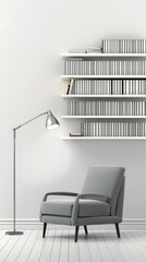 minimalist reading nook adorned with a stylish armchair, a sleek modern lamp, and a wall-mounted shelf, a selection of books, inviting you to escape into the world of literature with comfort or style.