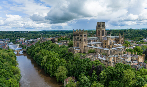 An aerial view of the Durham Cathedral, castle and river Wear in Durham, UK
