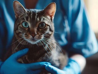 A tabby cat with green eyes is held by a person wearing blue gloves and a blue uniform.