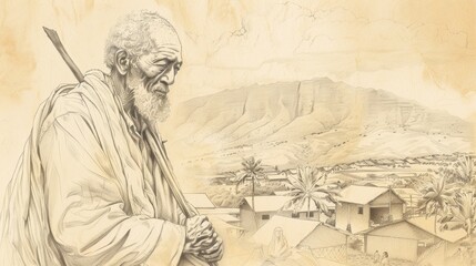 St. Damien of Molokai Serving Lepers in Hawaiian Village, Biblical Illustration, Beige Background, Copyspace