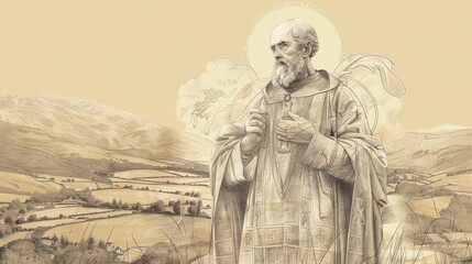 St. David of Wales Preaching in Welsh Countryside, Biblical Illustration, Beige Background, Copyspace