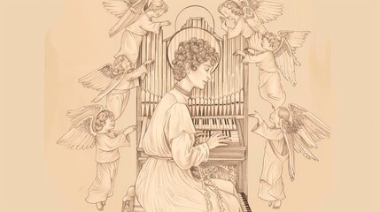 St. Cecilia Playing Organ with Angels, Patron Saint of Music, Biblical Illustration, Beige Background, Copyspace