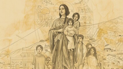 St. Felicity Standing Strong with Children in Ancient Carthage, Biblical Illustration, Beige Background, Copyspace