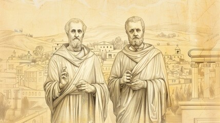 St. Cosmas and Damian Practicing Medicine in 3rd-Century Roman Village, Biblical Illustration, Beige Background, Copyspace