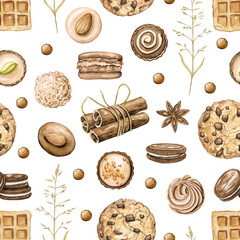 Seamless pattern with cinnamon, chocolate candies, cookies and waffles isolated on white background. Watercolor hand drawn illustration