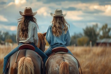 Two women enjoying horseback riding in a scenic field. Perfect for outdoor and adventure themes - Powered by Adobe