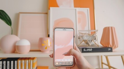 A person is holding a phone and taking a picture of a shelf full of items