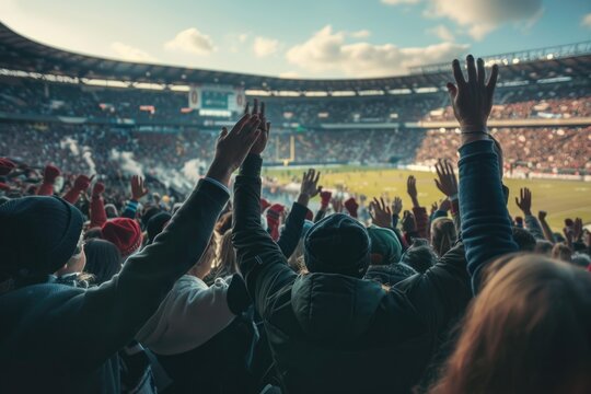 A lively scene of a crowd cheering at a football game. Perfect for sports events advertising