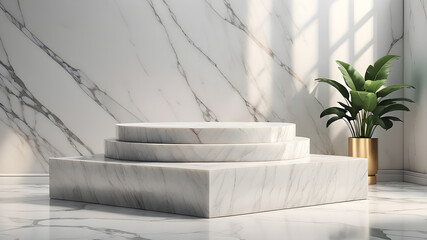 Background podium product display 3D stand platform white marble stone. Product podium background stage cosmetic pastel shadow pedestal mockup, Generative AI