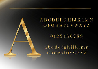 Classic typography vintage shiny yellow gold modern alphabet 3D font style. Set of elegant golden font letters and numbers. Vector text for logos, invitations, posters. Detailed mock up.