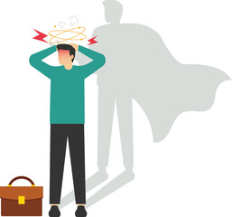 Self doubt businesswoman standing with his super hero shadow on wall. Mental problems, psychological pressure. Self confidence or leadership to bring full potential and strength. Motivation concept.

