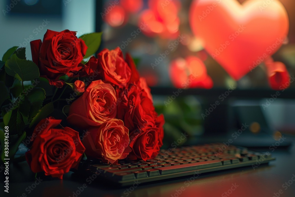 Aufkleber A beautiful bouquet of red roses next to a computer keyboard. Ideal for romantic themes or technology concepts