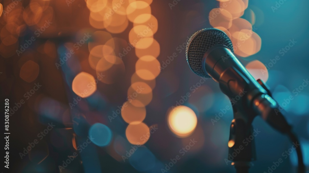 Poster a microphone with colorful lights in the background, perfect for music events and performances