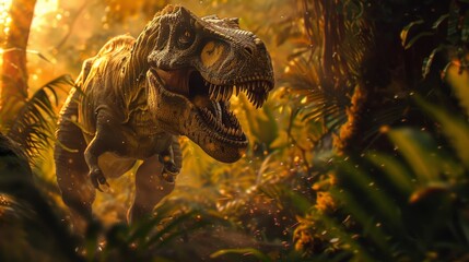 A dinosaur is standing in a jungle with its mouth open