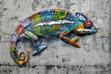 Vibrant chameleon painting on a textured surface. Great for nature or urban themed designs