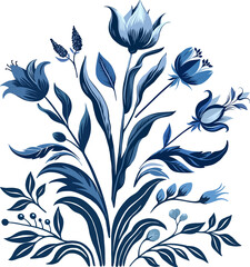 Vintage bouquet (composition) of folk botanical elements in the Delft Blue style. Digital illustration for wedding design, branding, scrapbooking