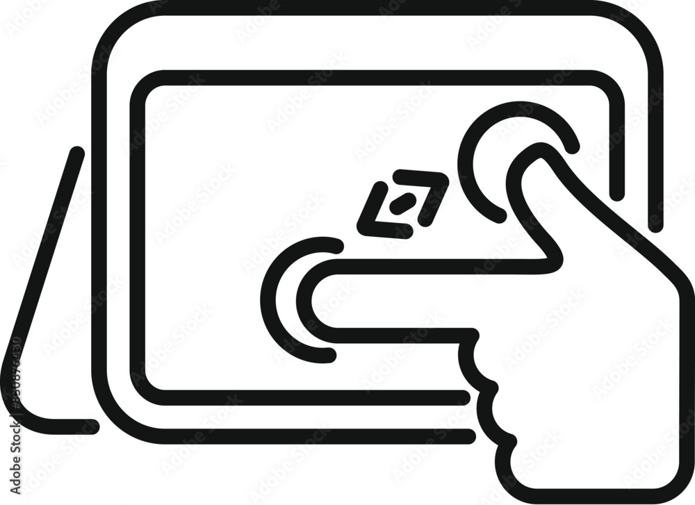 Poster simplistic line drawing of a hand interacting with a touchscreen device, isolated on white