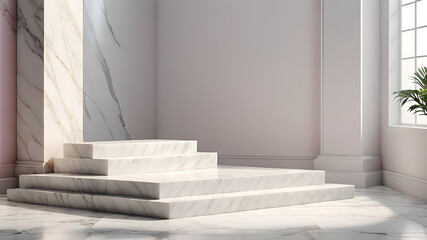 Background podium product display 3D stand platform white marble stone. Product podium background stage cosmetic pastel shadow pedestal mockup, Generative AI