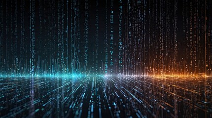 Dynamic digital landscape with streaming data lines and geometric shapes