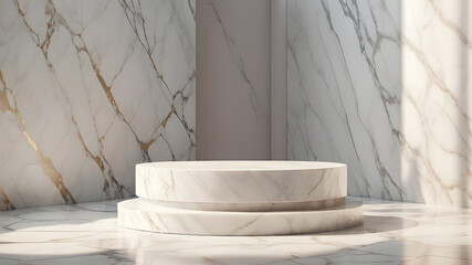 Background podium product display 3D stand platform white marble stone. Product podium background stage cosmetic pastel shadow pedestal mockup, Generative AI