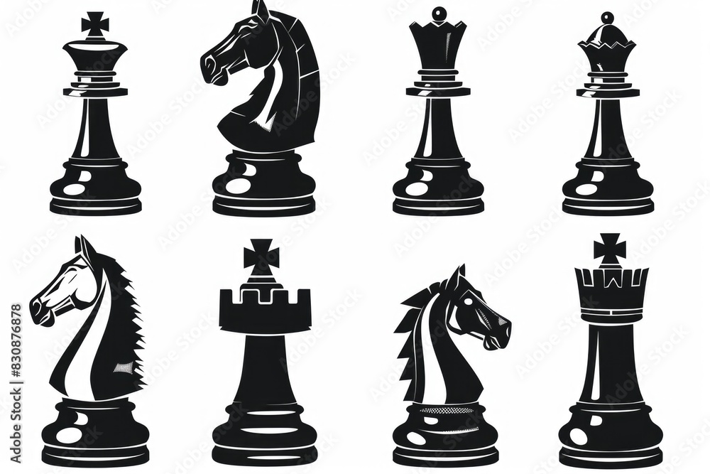 Poster image of a set of black and white chess pieces. ideal for strategy and competition concepts