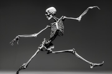 A skeleton running in a black and white setting. Perfect for Halloween themes