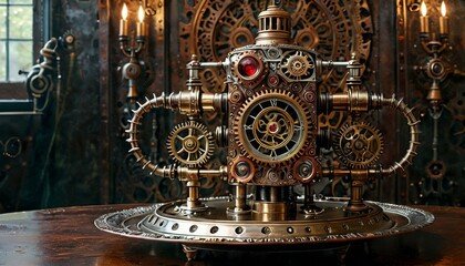 An elaborate steampunk-inspired mechanical device with intricate gears and brass components sits on a vintage table, surrounded by antique decor. Perfect for fantasy, steampunk, and vintage themes.
