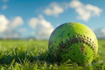 A green baseball sitting on a lush green field. Perfect for sports or outdoor themes
