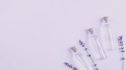 Photo on a light purple background of transparent bottles of lavender oil and lavender sprigs, which are on the right of the composition. View from above.