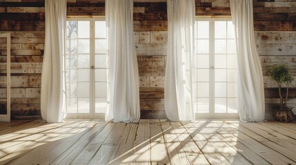 Wooden rustic wall with two french doors and white curtains, living room interior design of modern home decor.